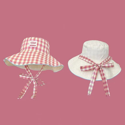 Double-Sided Plaid Lace-Up Bucket Hat Women