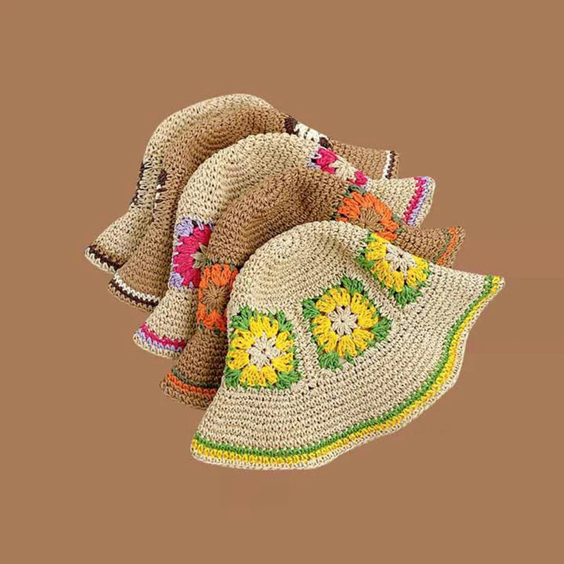 Spring Summer Hollow Crochet Straw Visor Bucket Hat