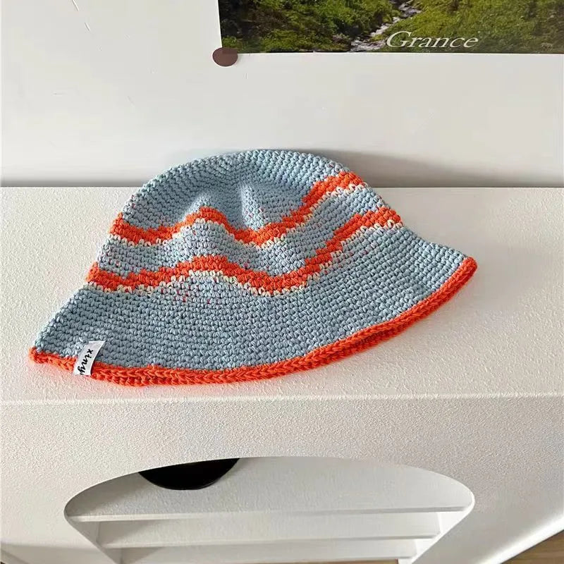 Japanese Korean Striped Colorblock Knitted Bucket Hat