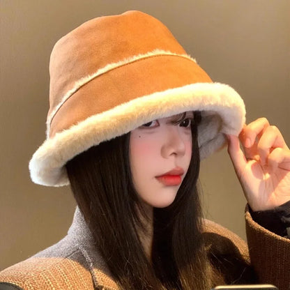 Retro Suede Plush Winter Bucket Hat